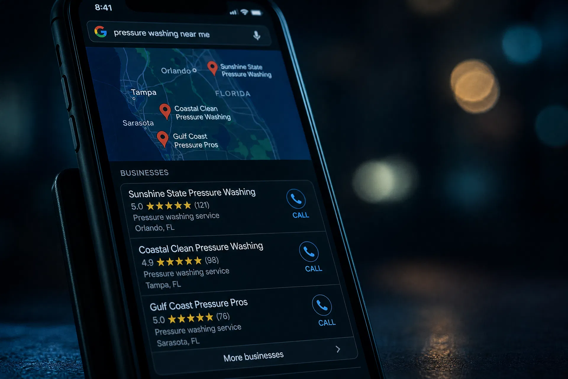 Google Maps local pack showing three Florida service businesses with star ratings and call buttons on a smartphone