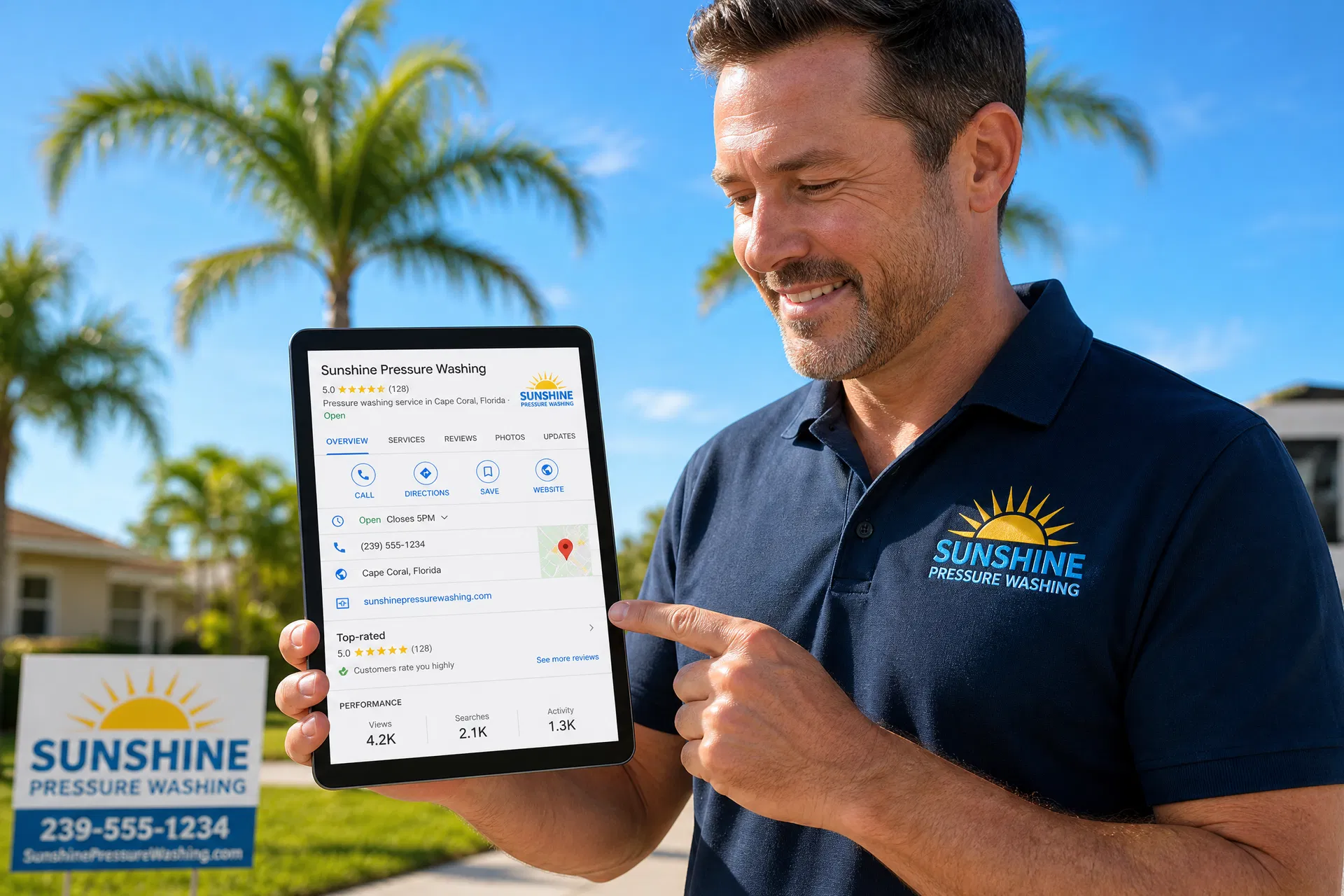 Florida service business owner reviewing a fully optimized Google Business Profile on a tablet outdoors with palm trees in the background