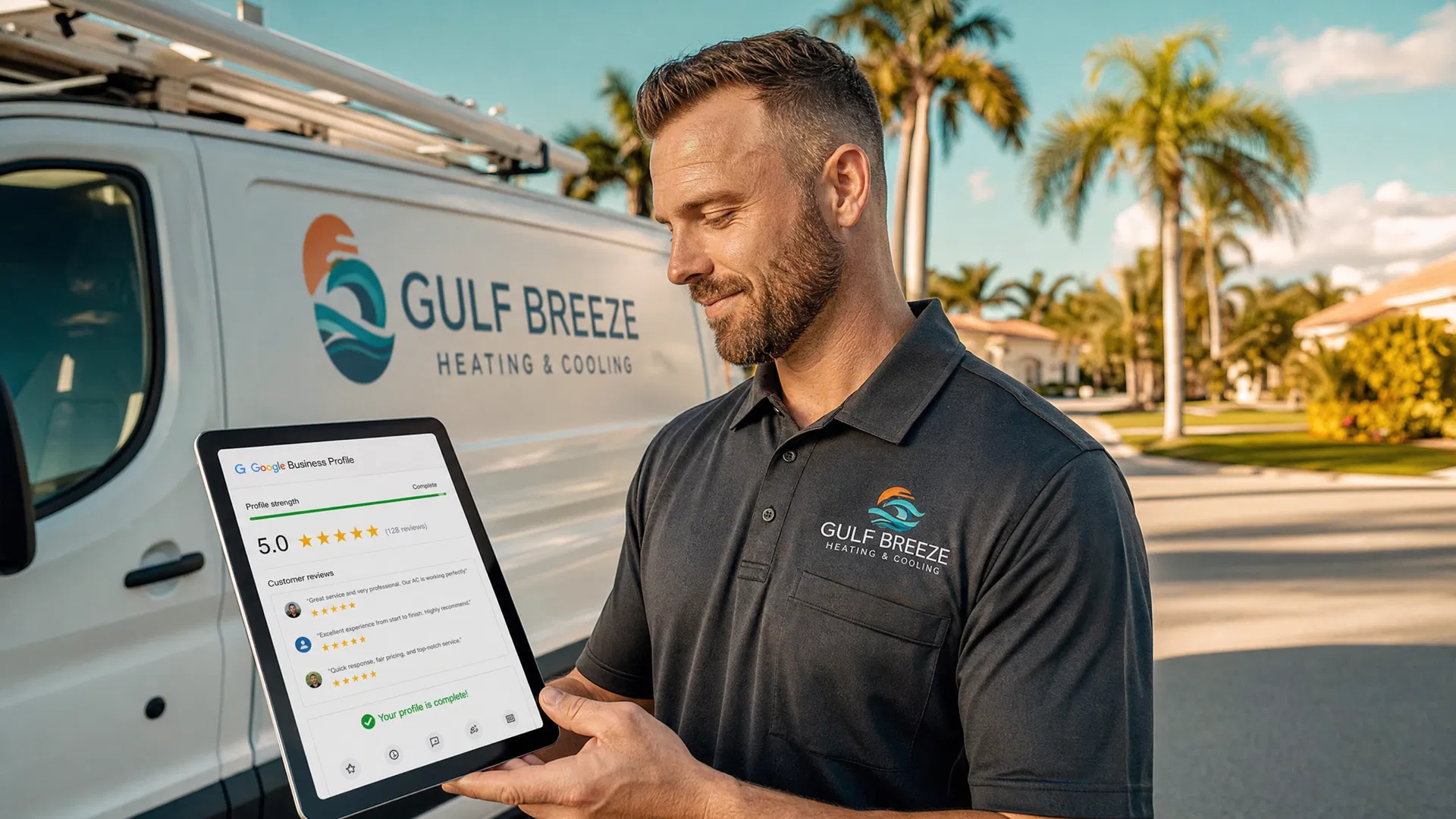 Florida HVAC technician reviewing a fully optimized Google Business Profile with 5-star reviews on a tablet, standing next to a branded service van with palm trees in the background