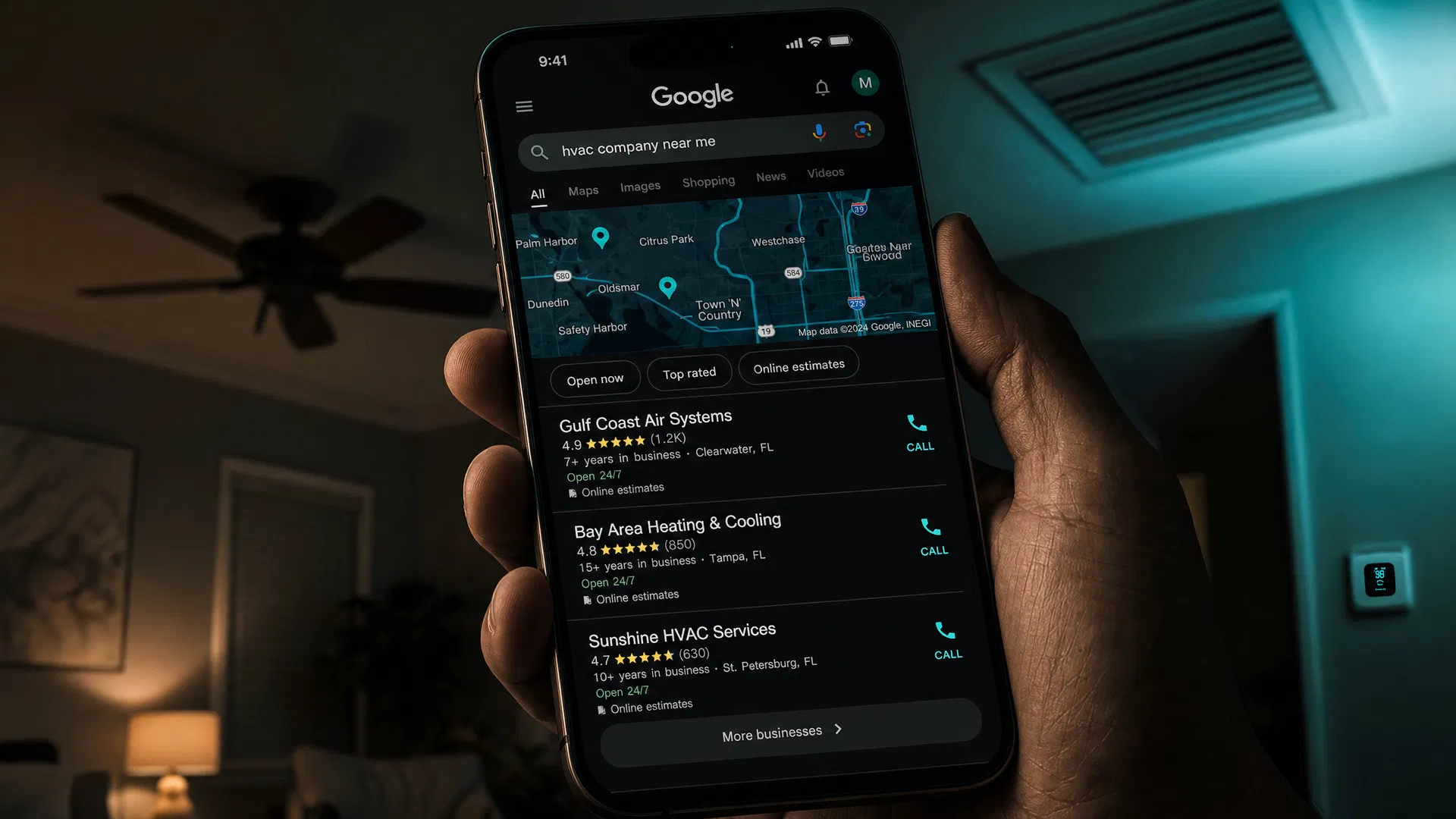 Homeowner searching 'HVAC company near me' on a smartphone showing the Google Map Pack with three local HVAC businesses, star ratings, and call buttons