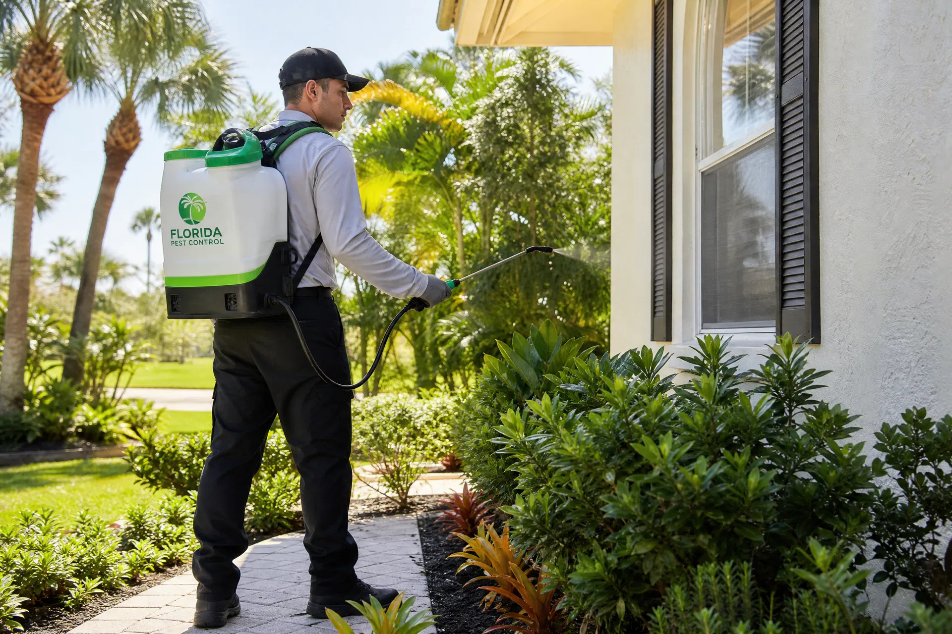 Florida pest control technician in uniform with branded backpack sprayer treating a home exterior with tropical landscaping