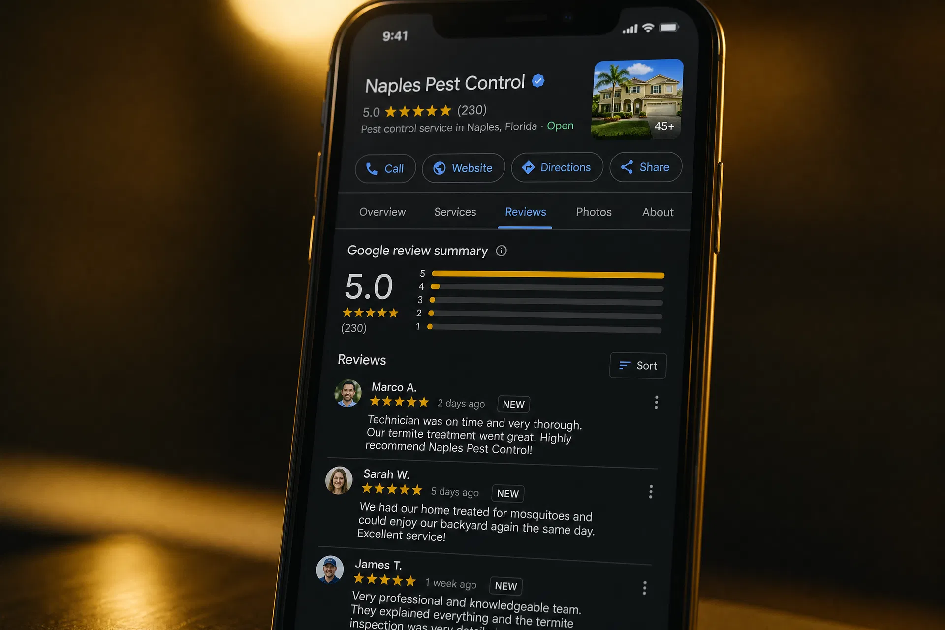 Smartphone showing a pest control company Google Business Profile with five stars and recent reviews mentioning termite and mosquito treatment in Naples Florida