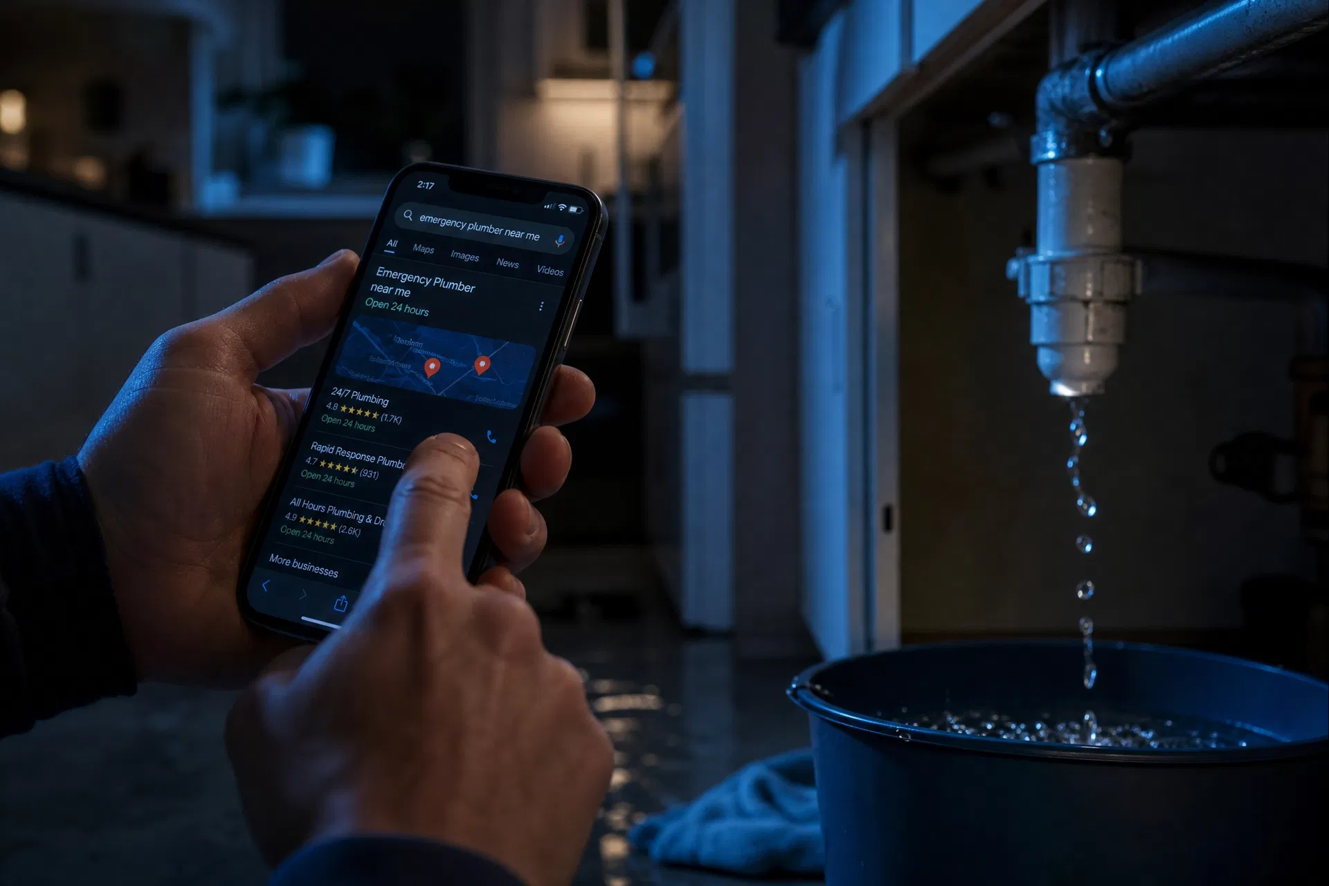 Homeowner frantically searching emergency plumber near me on a smartphone at 2am with water dripping from a pipe in the background