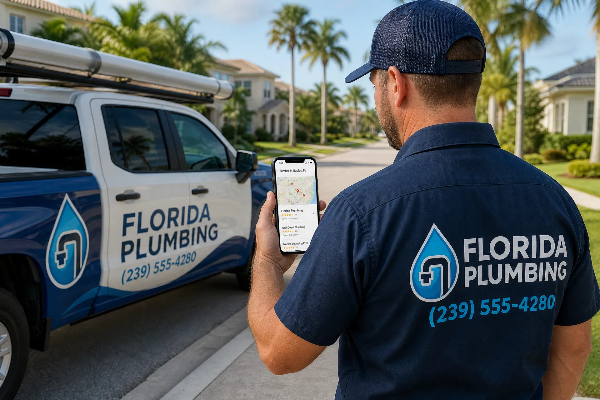 Florida plumber in uniform with branded truck checking Google Maps showing his business ranked first in the local pack