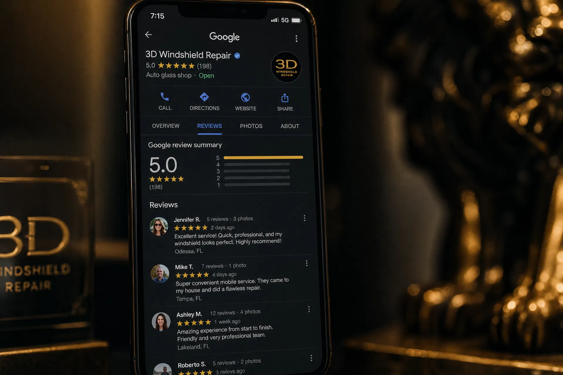 Smartphone showing a Google Business Profile with five gold stars and a stream of recent five-star reviews from Florida customers