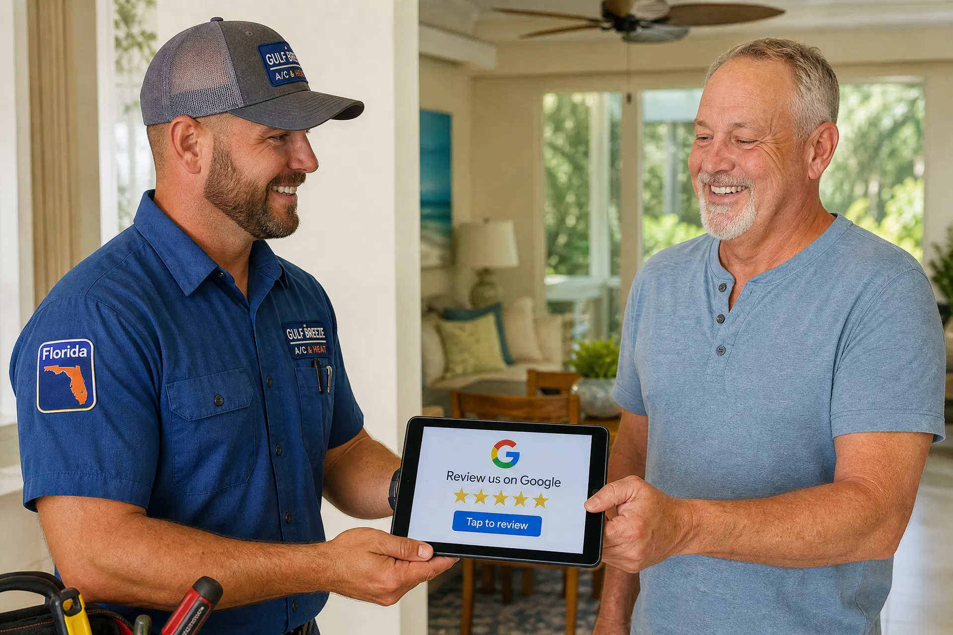 Florida HVAC technician handing a satisfied homeowner a tablet to leave a Google review after completing a job
