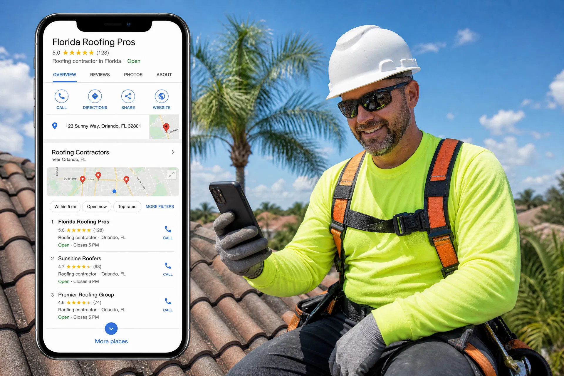 Florida roofer in safety gear on a tile roof reviewing a Google Business Profile on a phone showing five stars and top Map Pack ranking