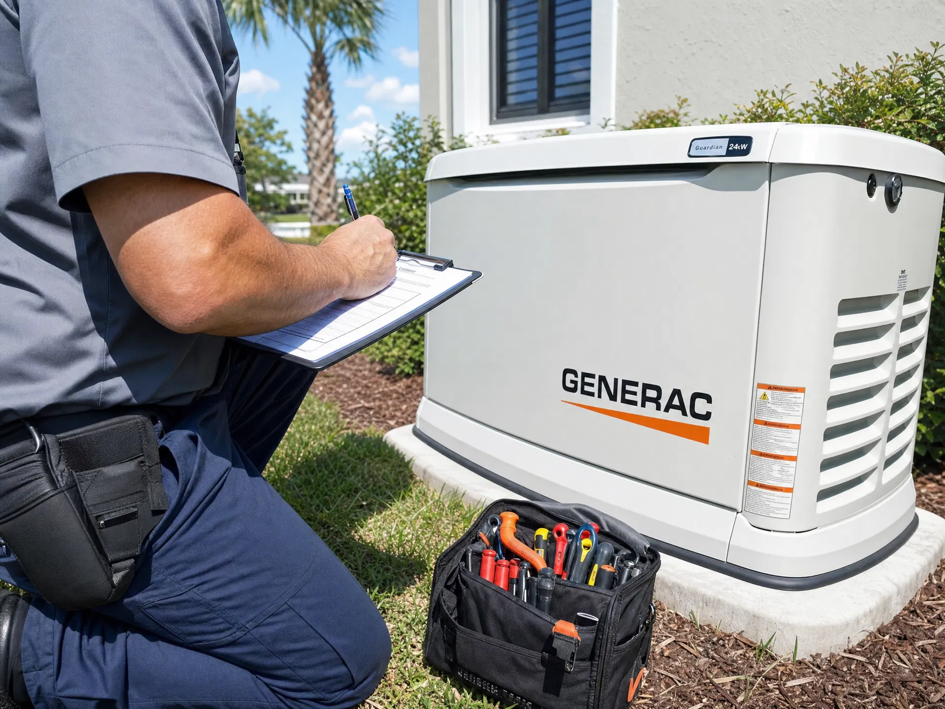 Licensed generator technician performing annual maintenance on a standby generator in Boca Raton Florida