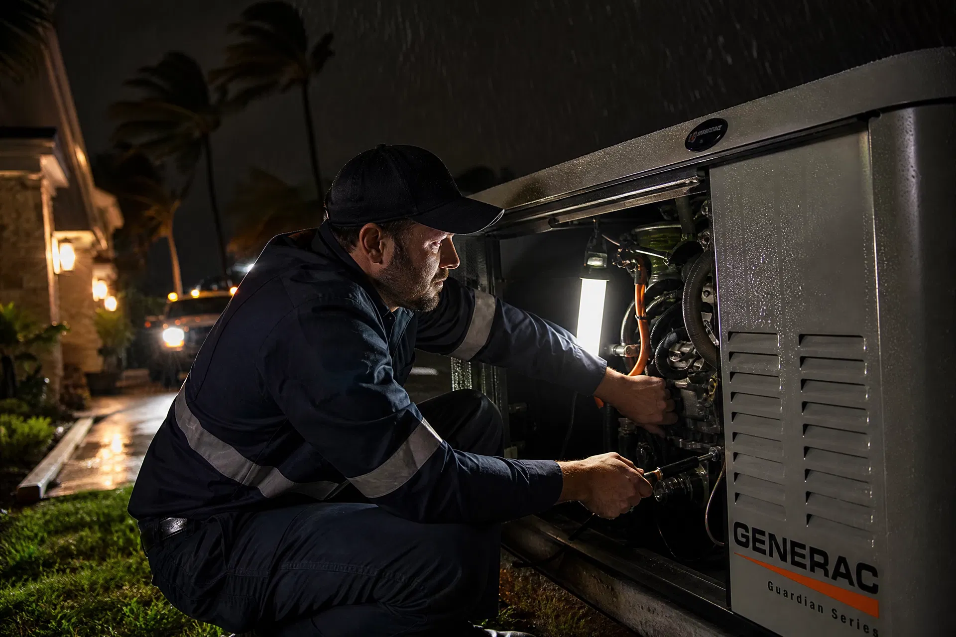 Emergency generator repair technician working on a generator during a storm in Boca Raton Florida