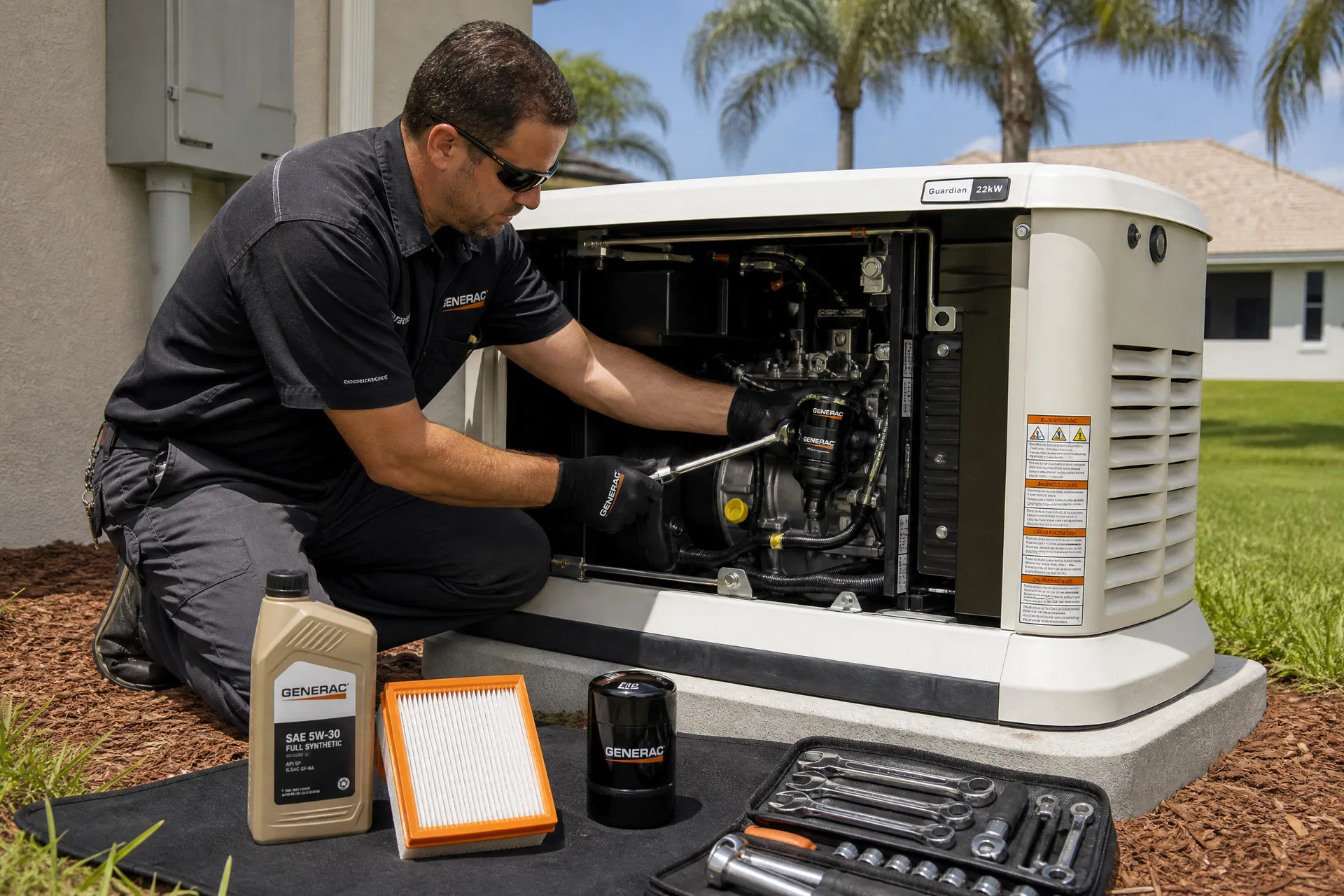 Technician performing annual generator maintenance in Boca Raton Florida before hurricane season