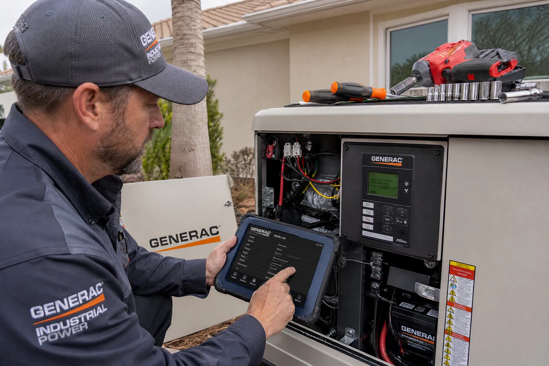 Technician repairing a standby generator in Boca Raton Florida