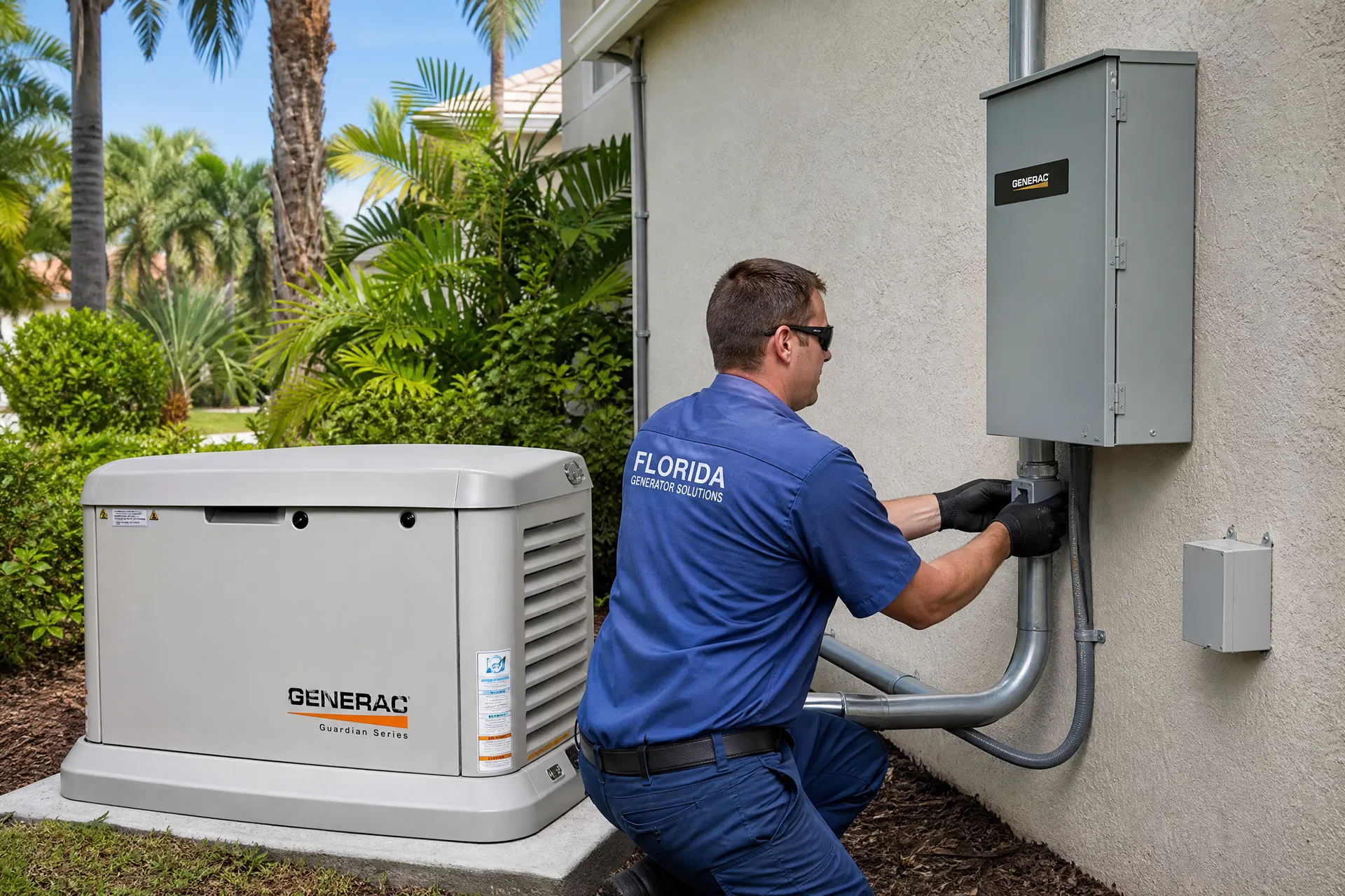 Standby generator installation in progress beside a Boca Raton Florida home