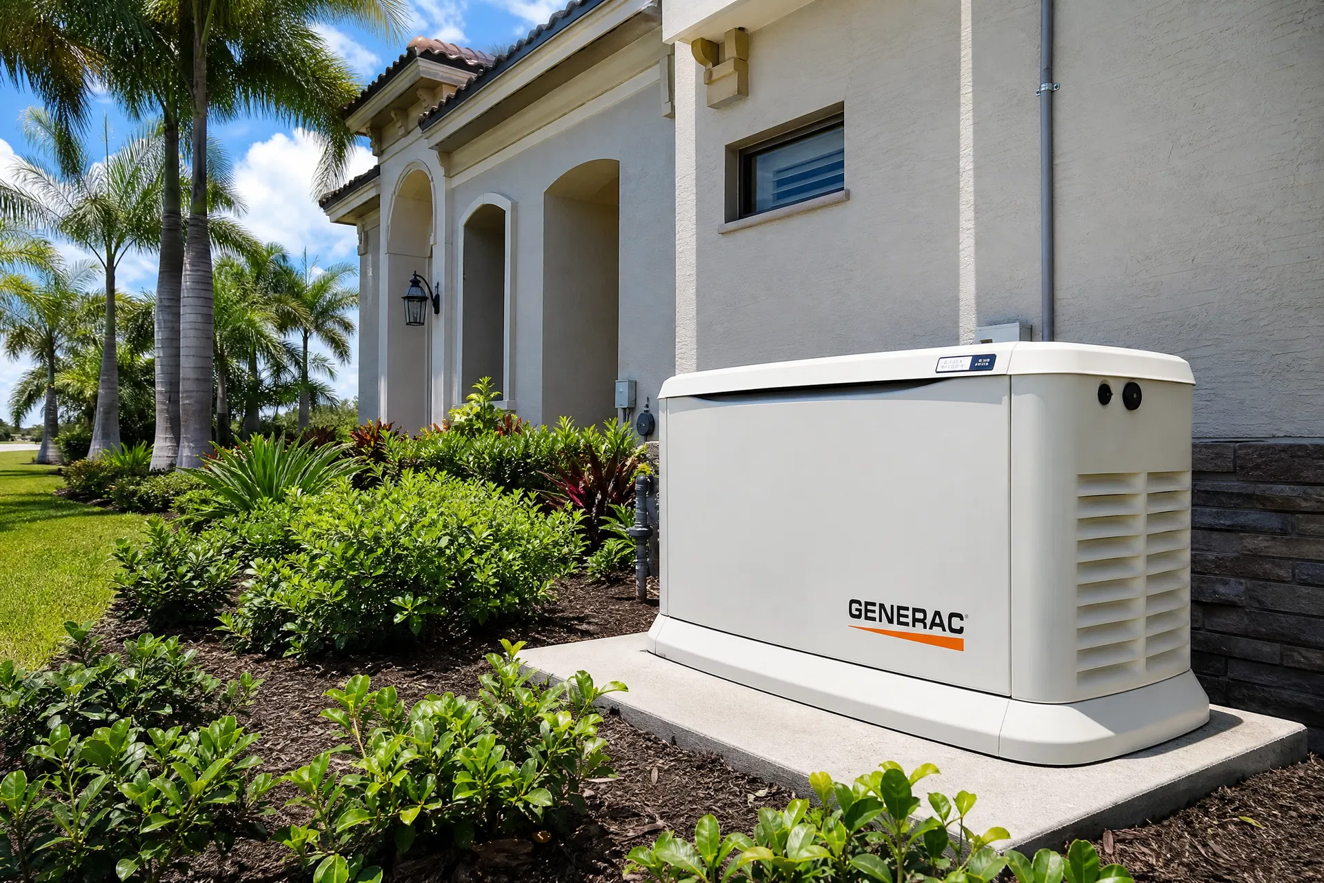 Whole house standby generator installed beside a Boca Raton Florida home