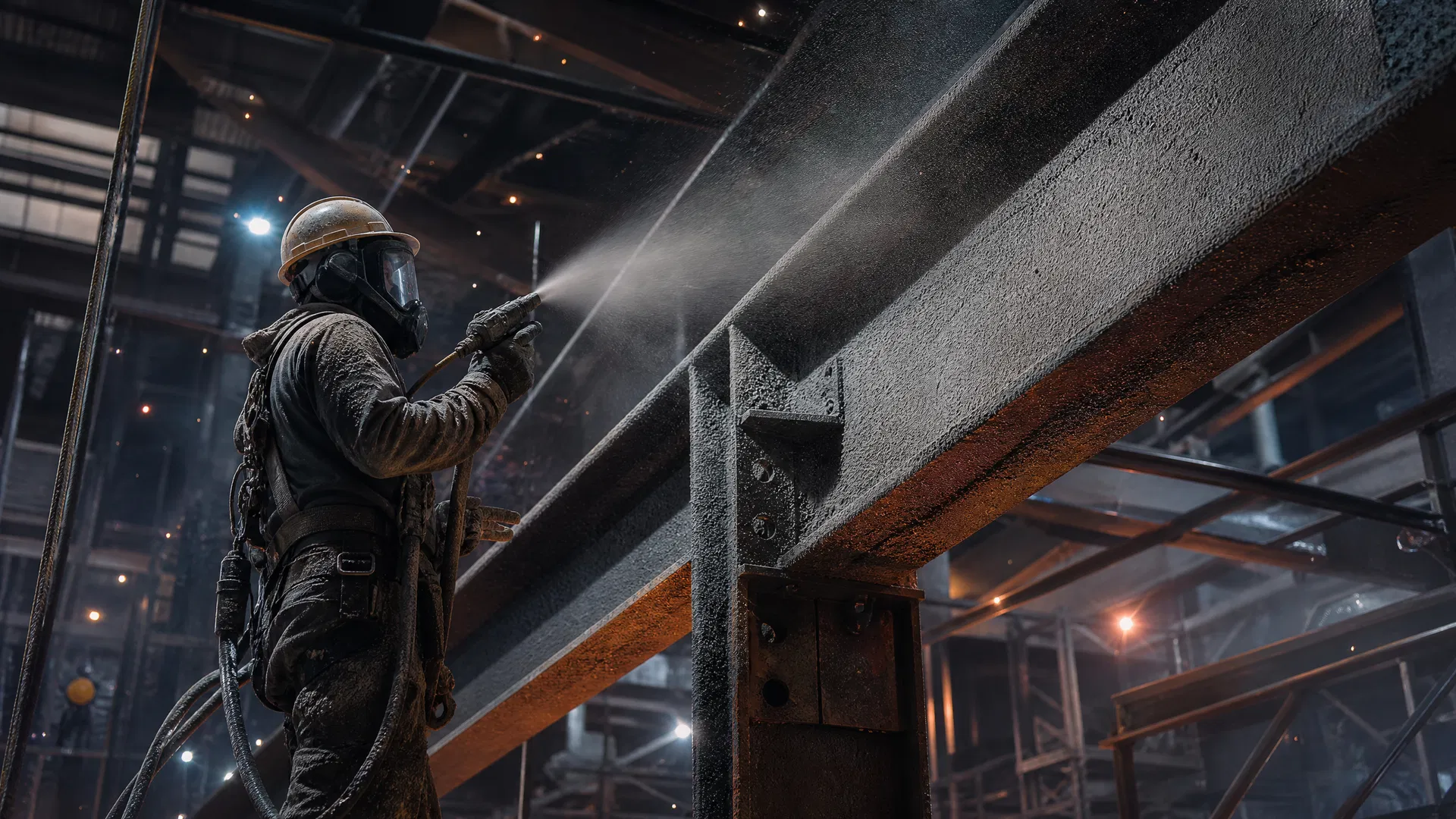Industrial coatings worker spraying fireproofing
