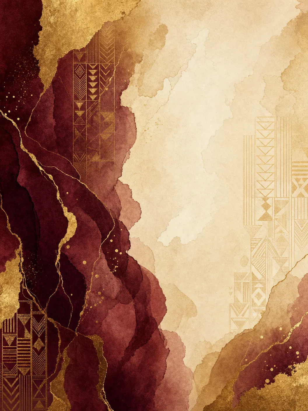 Decorative background with burgundy and gold watercolor patterns