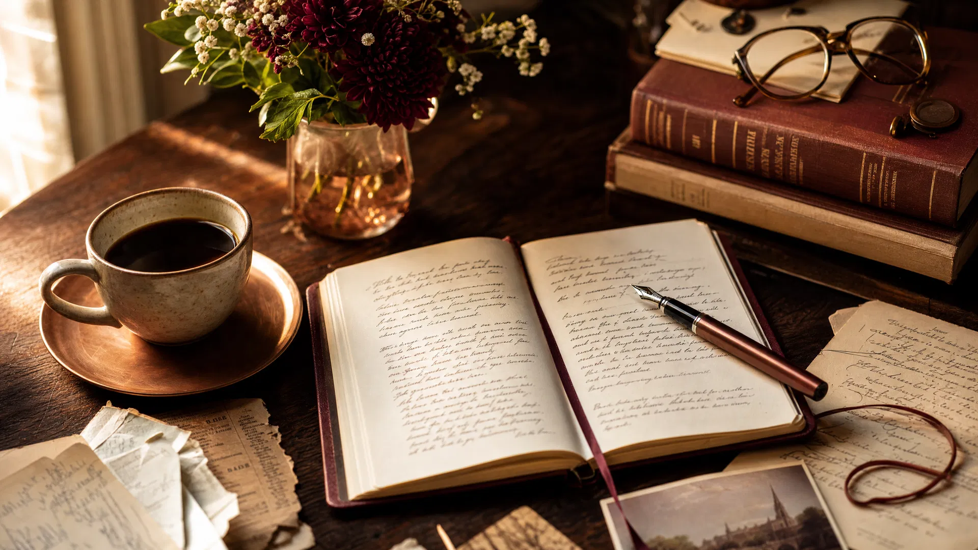 Creative workspace with journal, books, and coffee