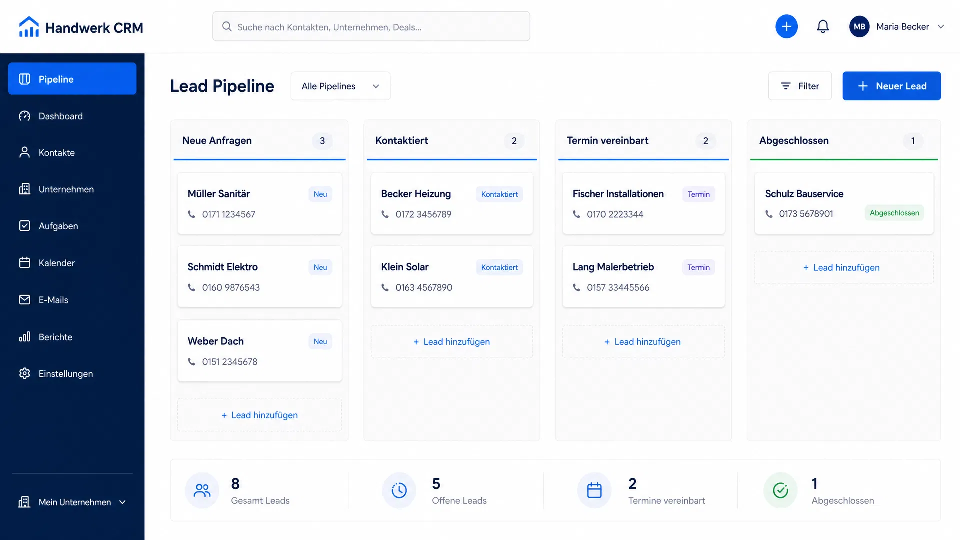 CRM Pipeline Dashboard für Handwerksbetriebe