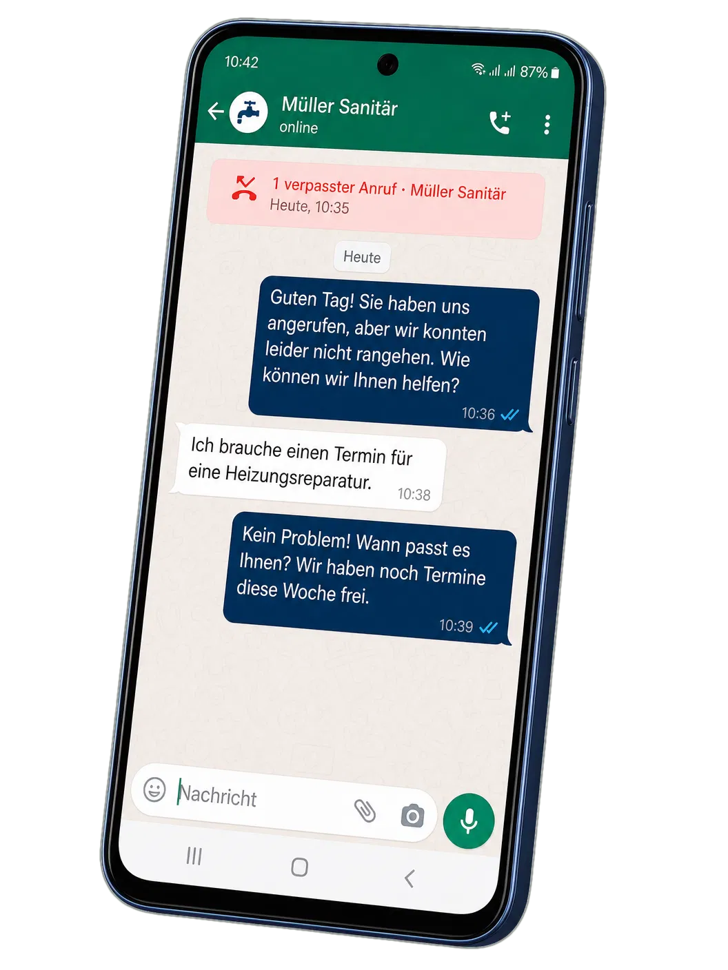 Smartphone mit automatischer WhatsApp-Antwort auf verpassten Anruf