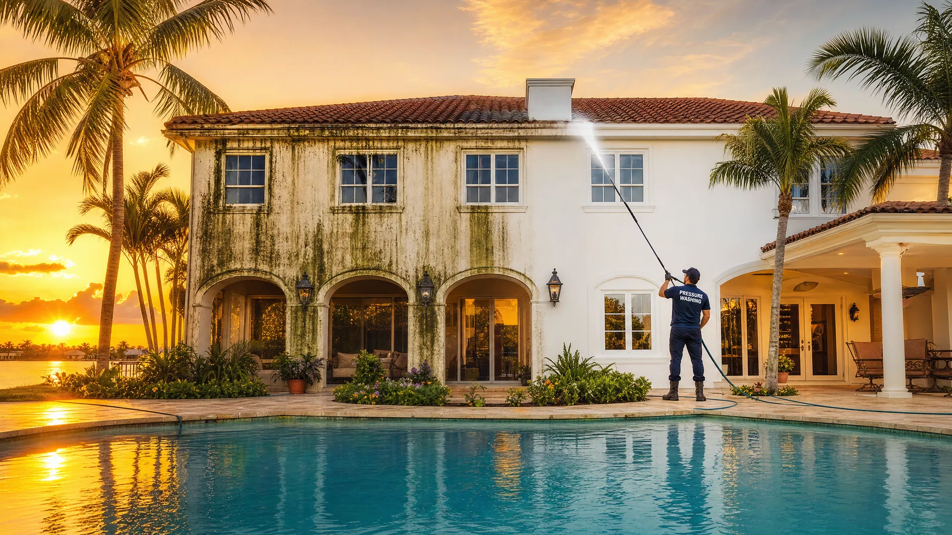 Professional pressure washing service restoring a beautiful Florida home at sunset