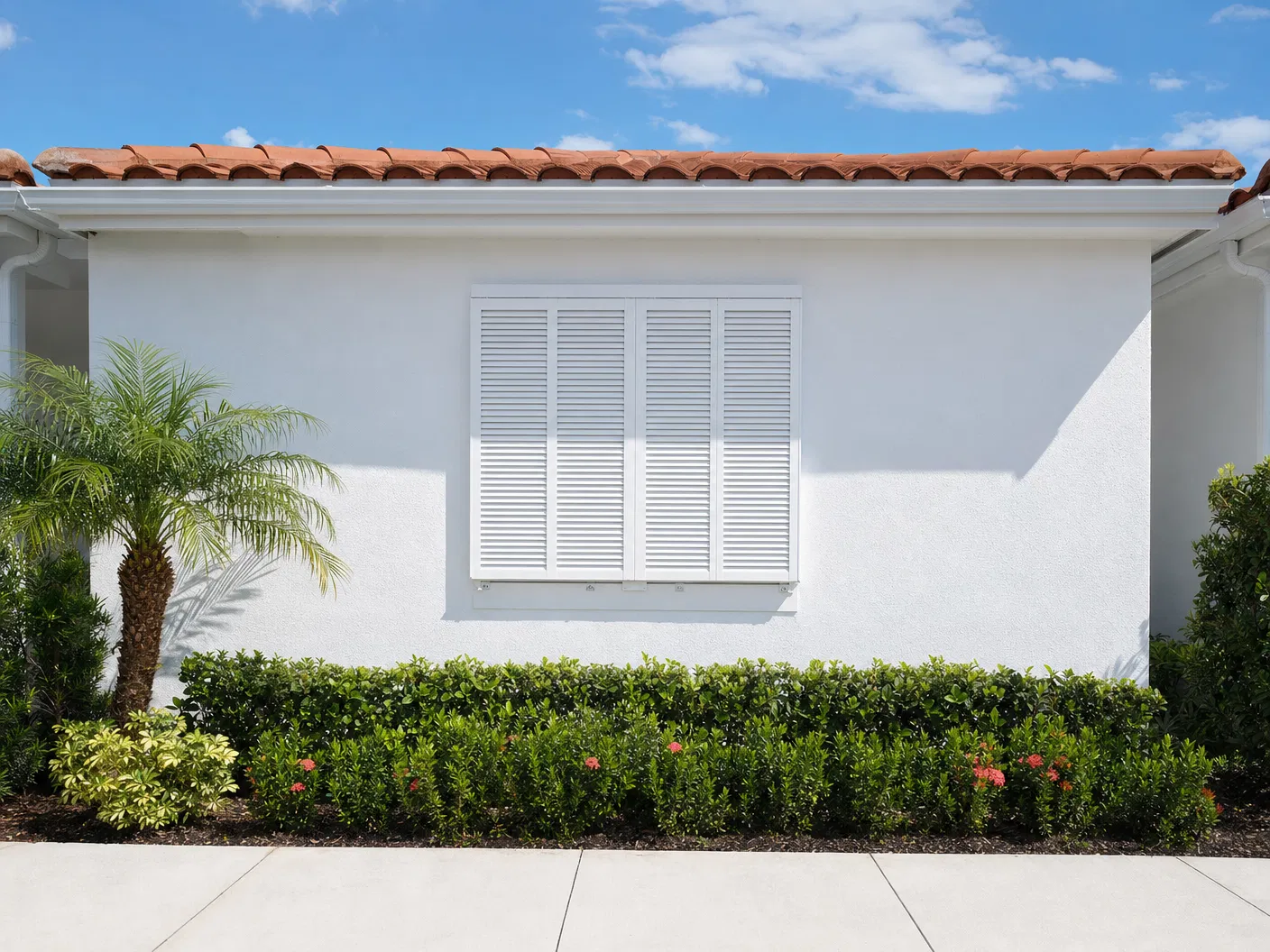 Clean white stucco house wall after professional house washing