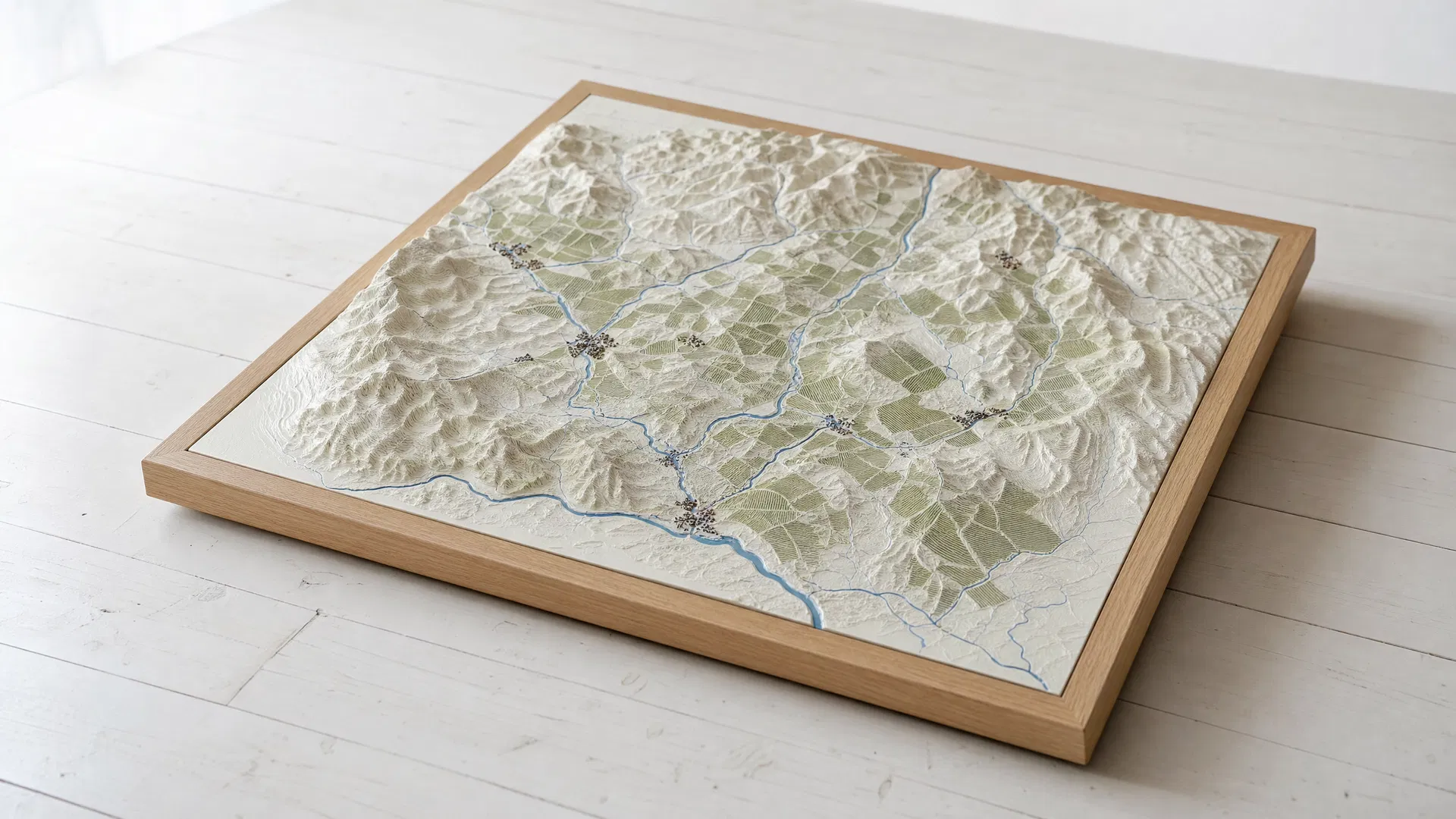 Maqueta 3D de territorio vitícola con relieve, viñedos y ríos