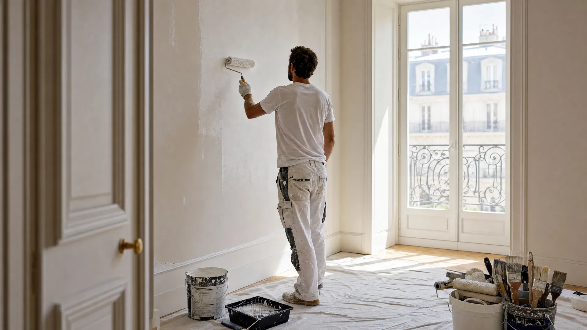 Artisan peintre en rénovation dans un appartement parisien