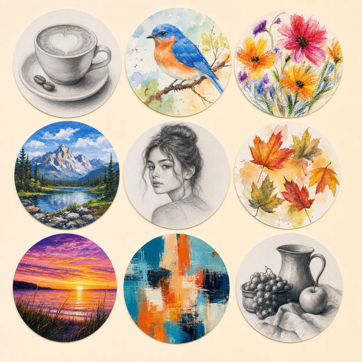 Student artworks from Seasons Art Class — pencil drawings, watercolours, oil pastels and acrylics