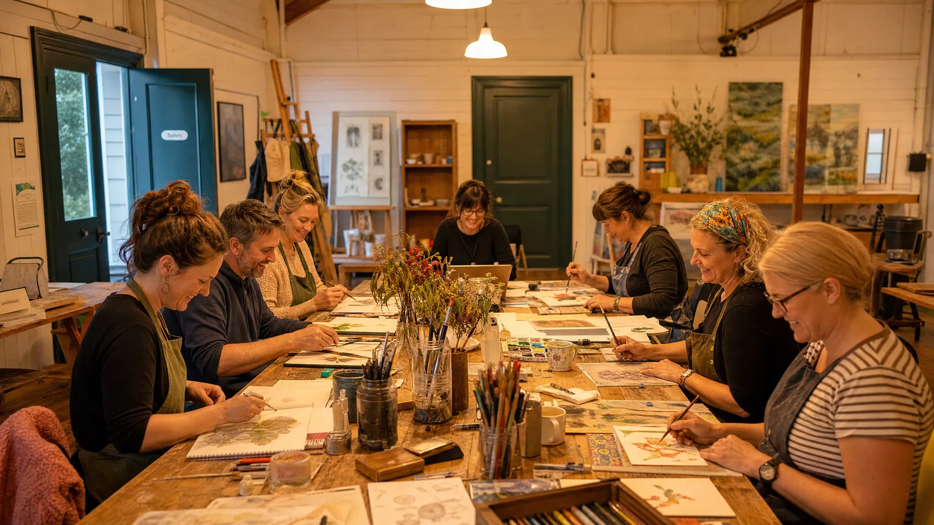 Students enjoying Seasons Art Class in a warm studio setting