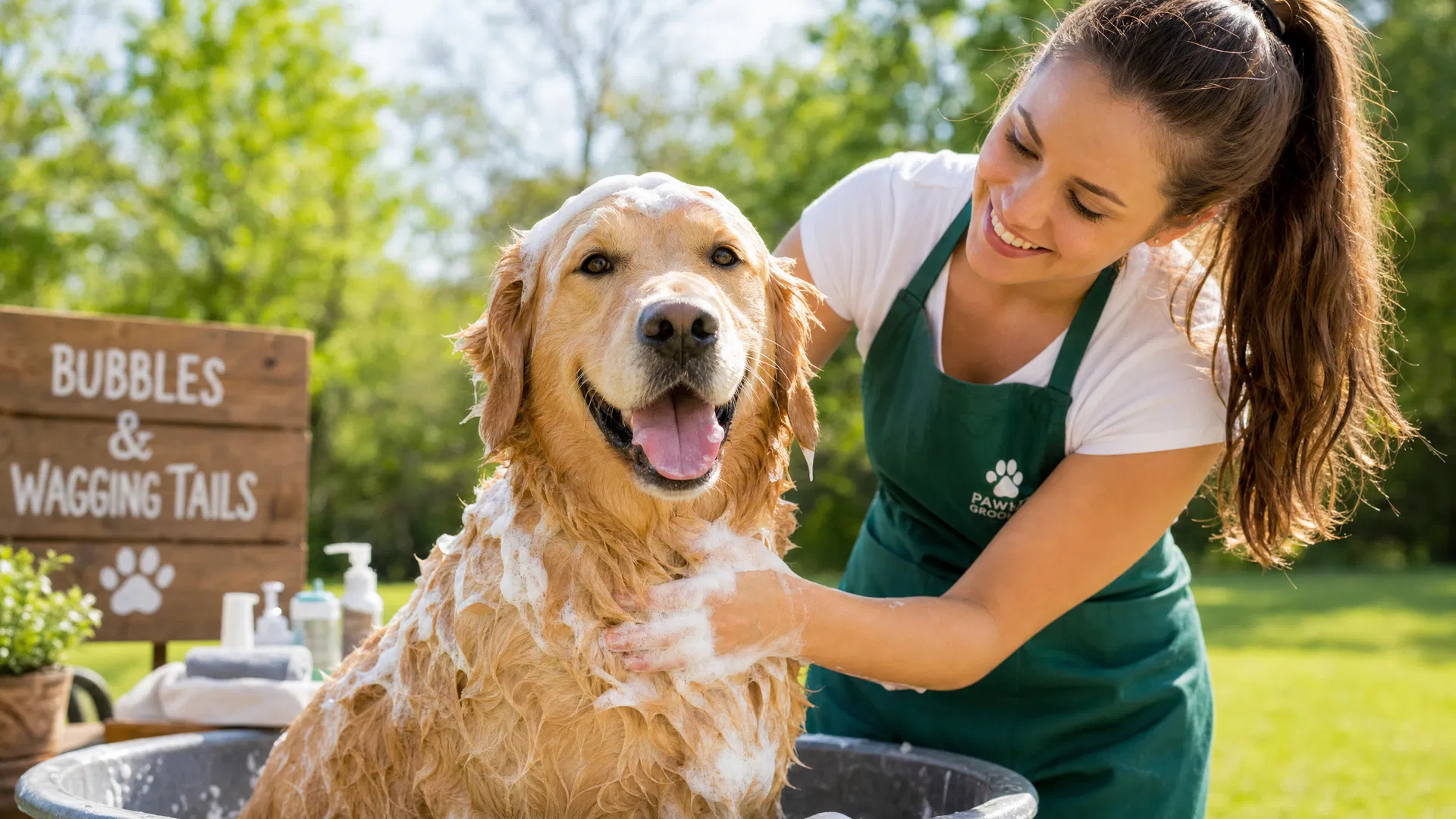 Happy golden retriever getting a bath