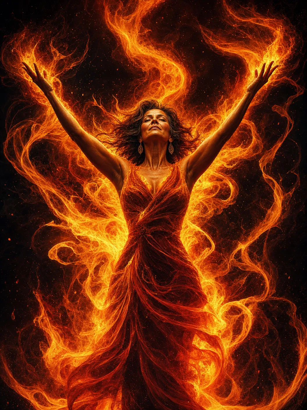 50 on Fire - Kraftvolle Frau mit Feuer und Transformation