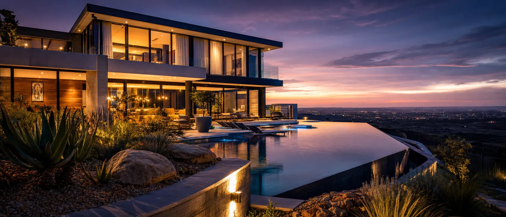 Luxury modern home with infinity pool at twilight in South Africa - Tracy Harris Properties