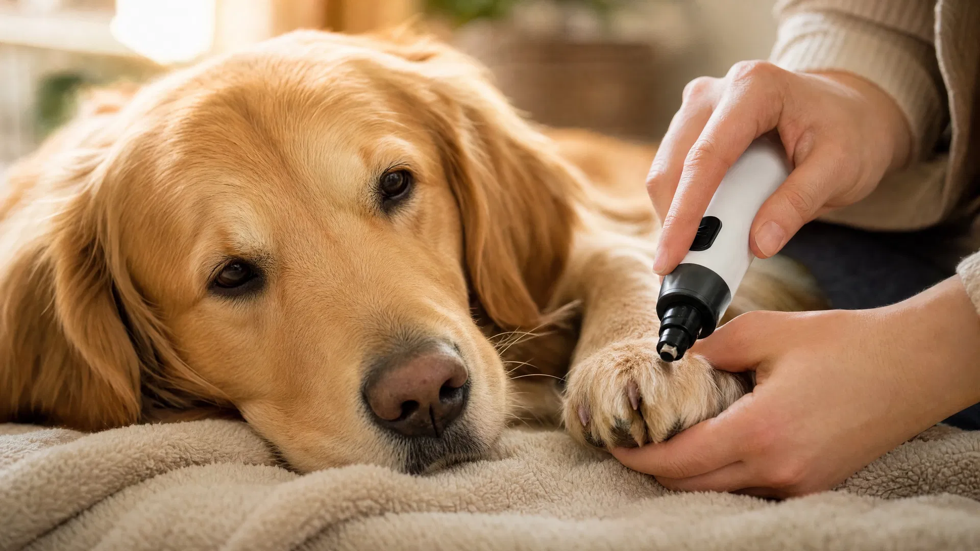 A calm golden retriever having its nails gently filed with the Quiet Groom Pro