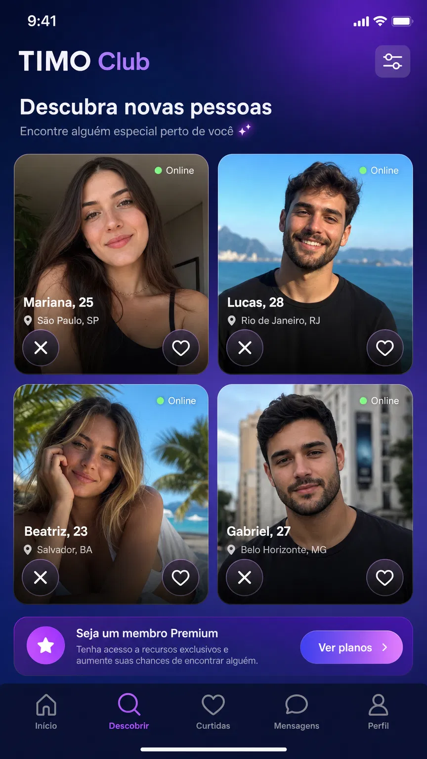 Tela de descoberta de novas pessoas no TIMO Club