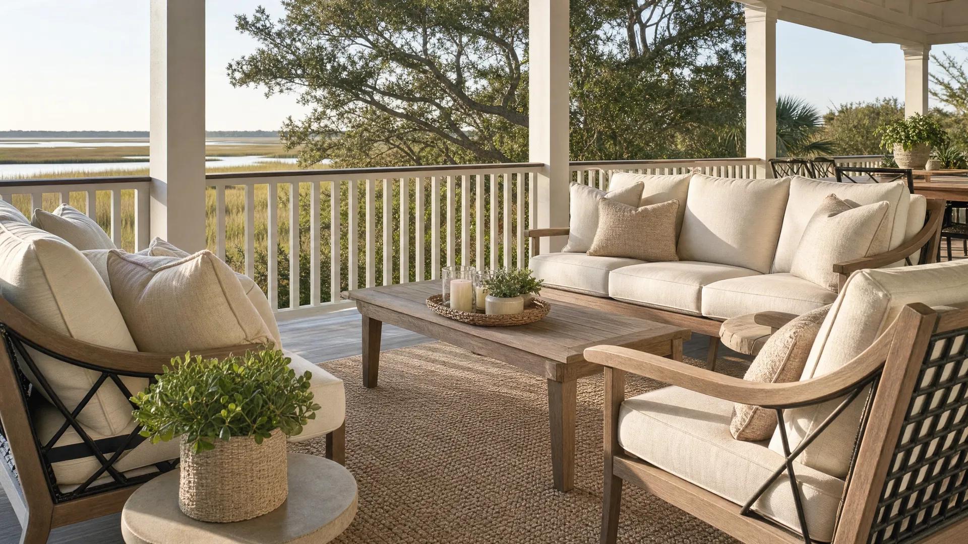 Pristine outdoor patio furniture with freshly cleaned linen cushions at a coastal South Carolina home