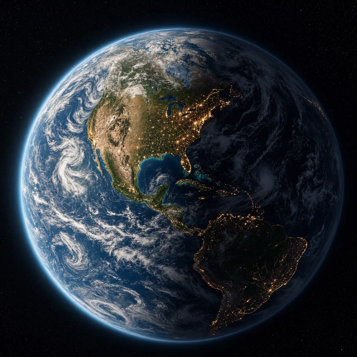 Earth from space, illuminated cities and connections between them