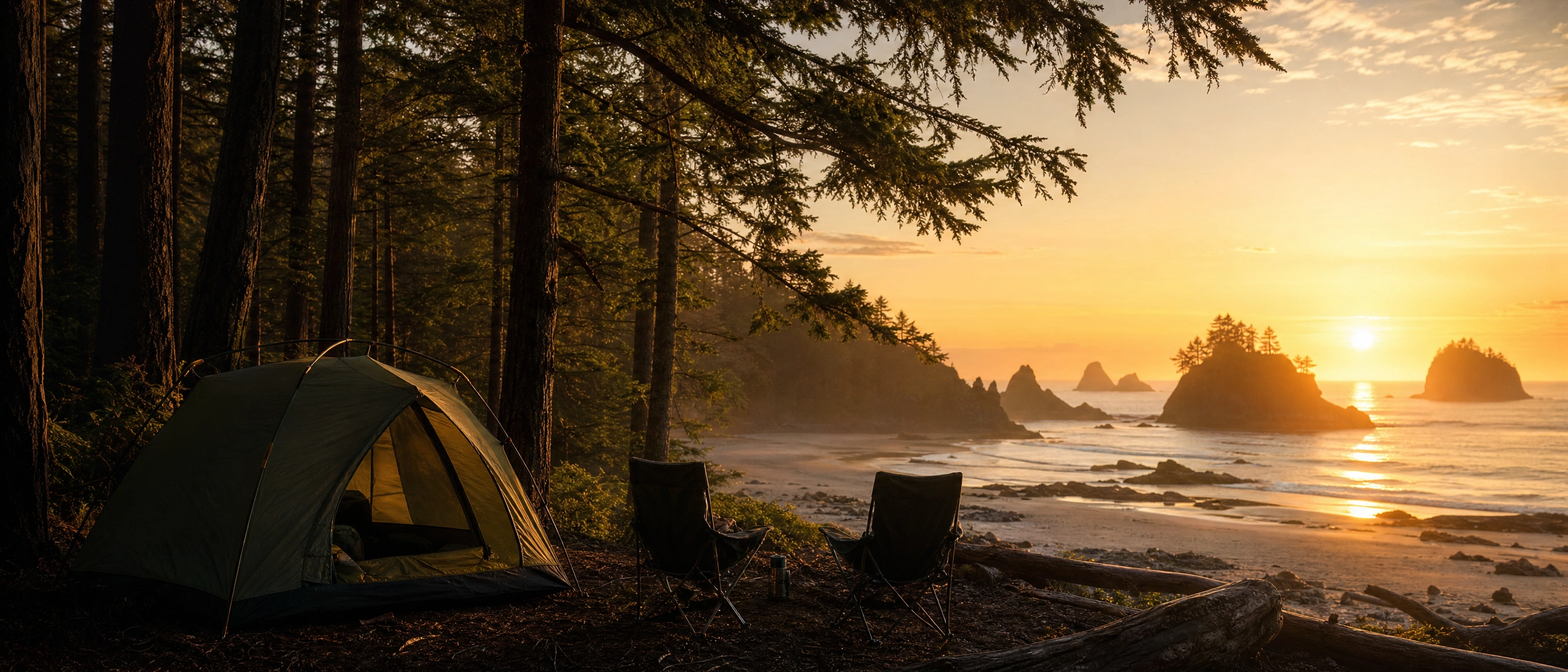 Campsite on Vancouver Island coast at sunset