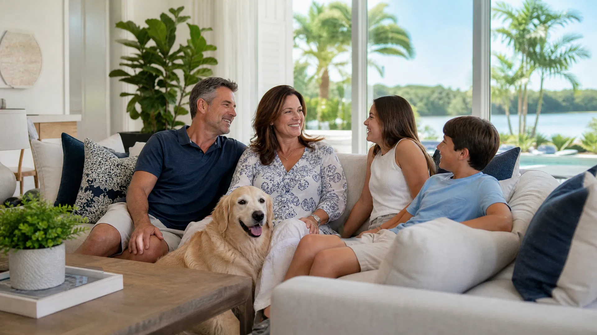 Florida family relaxing comfortably at home with working air conditioning