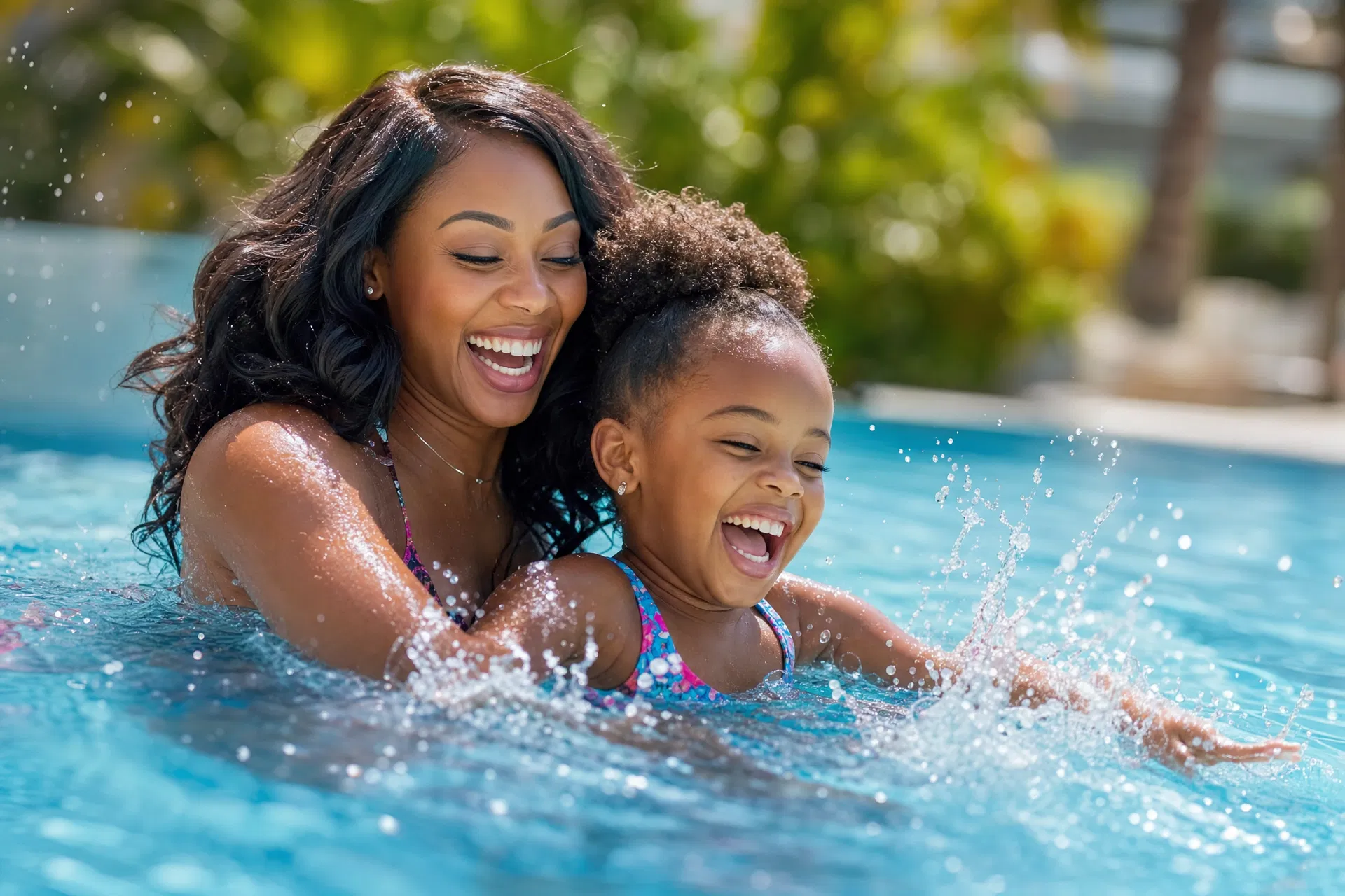 Mother and daughter laughing in the pool