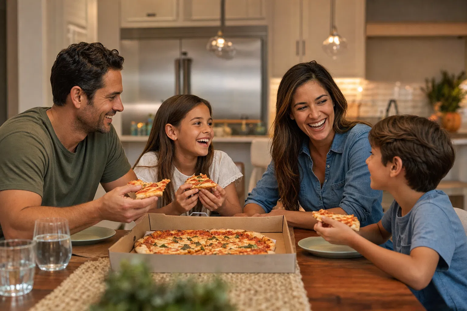 South Florida family enjoying pizza together at kitchen table