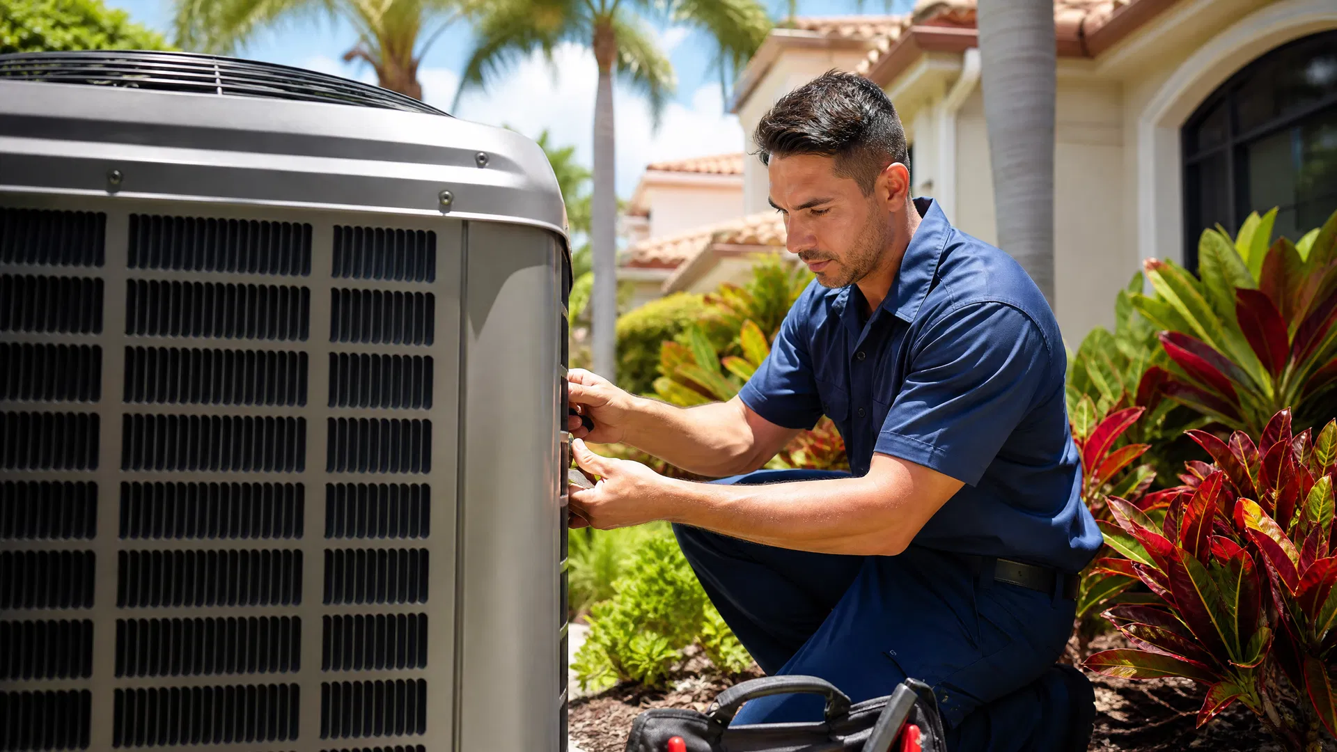 HVAC technician servicing an air conditioning unit at a South Florida home