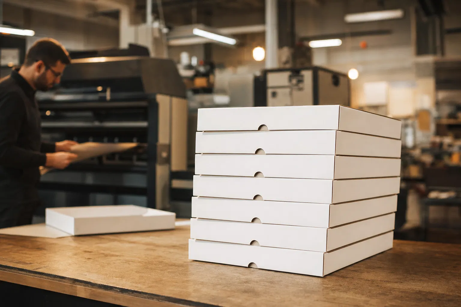 Custom pizza boxes being printed with local business advertisements