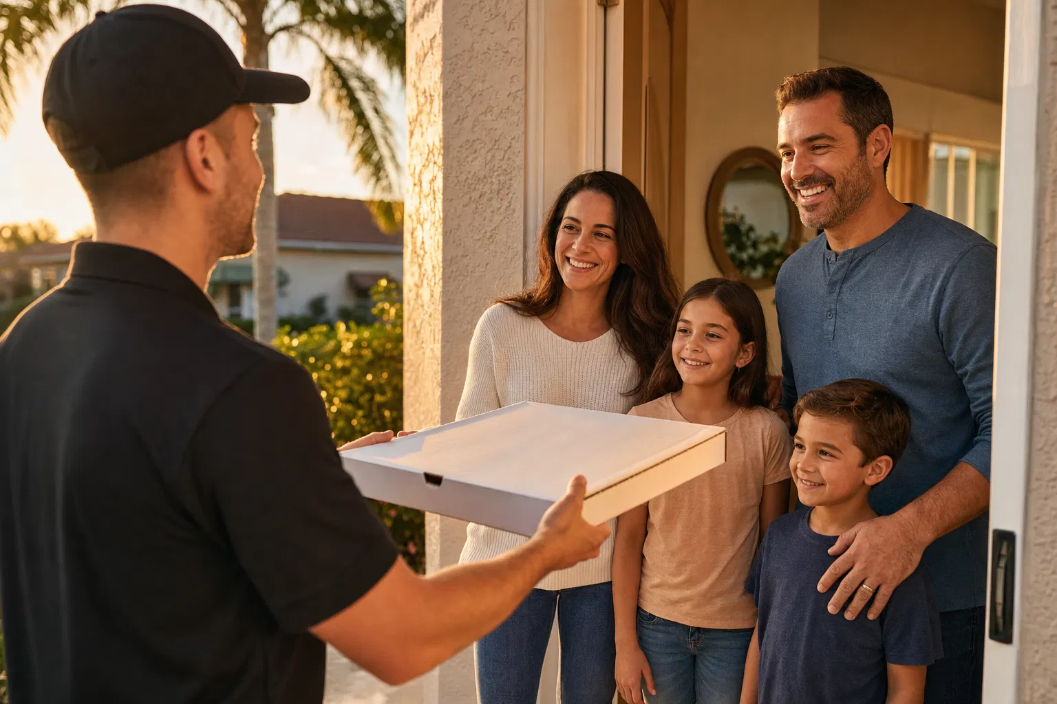 Pizza delivery to Homestead home with branded pizza box advertisement
