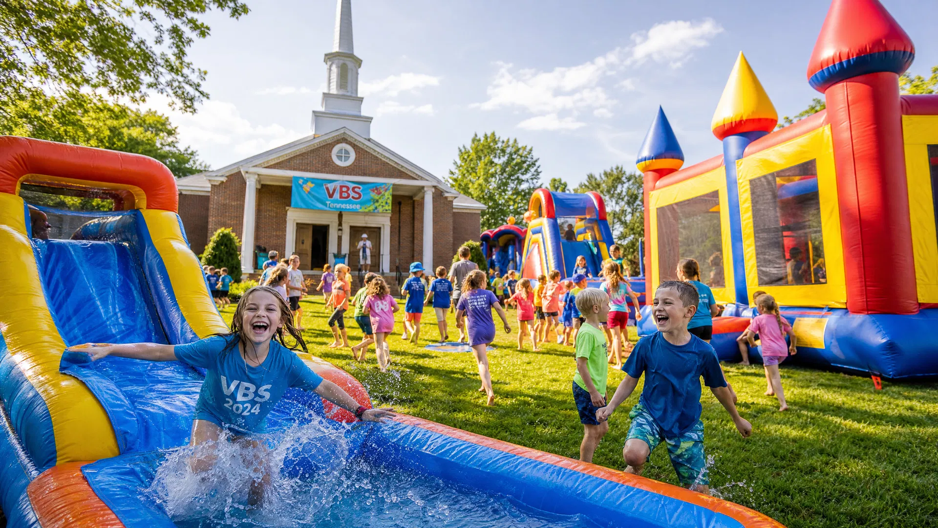 Children playing on inflatable bounce houses and water slides at a VBS event in Chattanooga TN