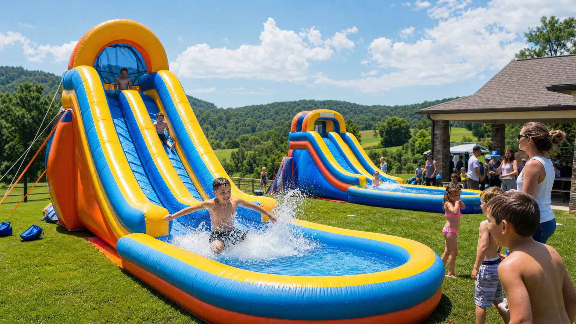 Safe inflatable water slide setup with inflated pool landing in Cleveland TN