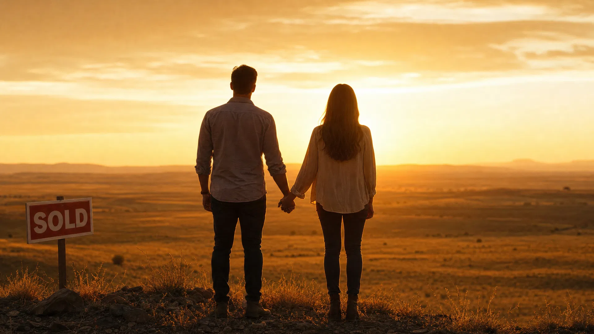 Couple overlooking open land at sunset