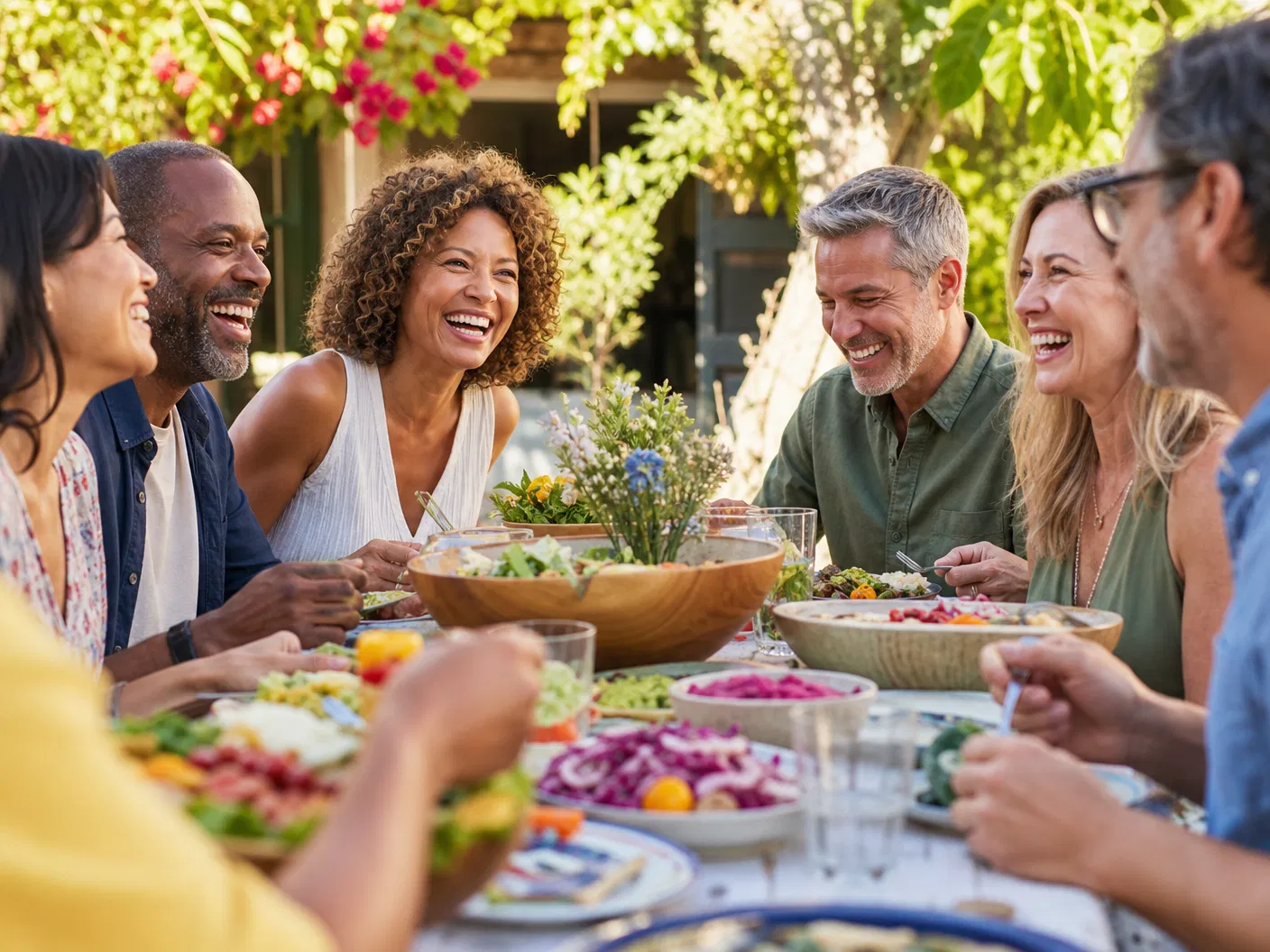 Diverse group of people enjoying a healthy meal together outdoors