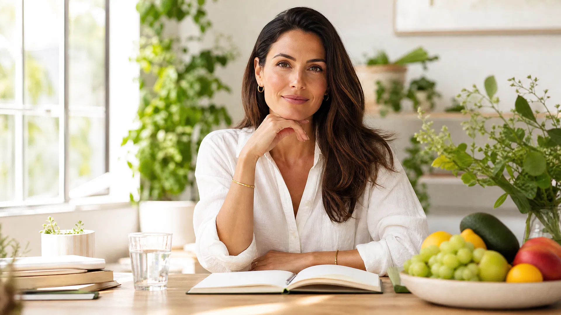 Health and wellness expert at a bright desk with plants and fresh fruit