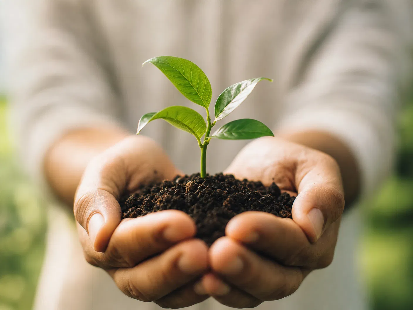 Hands nurturing a young plant — symbolising growth and health