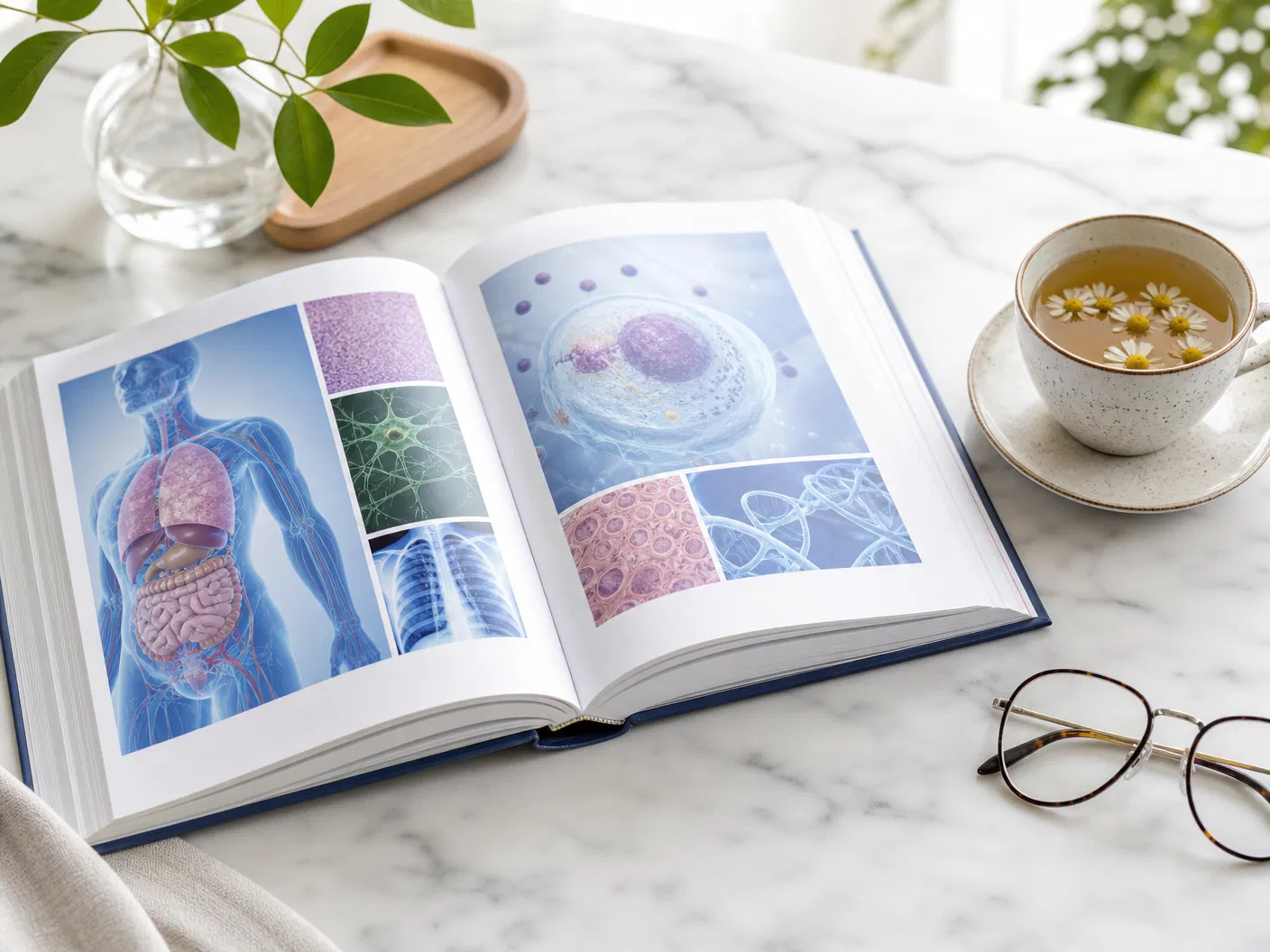 Open health research journal on a marble desk with herbal tea