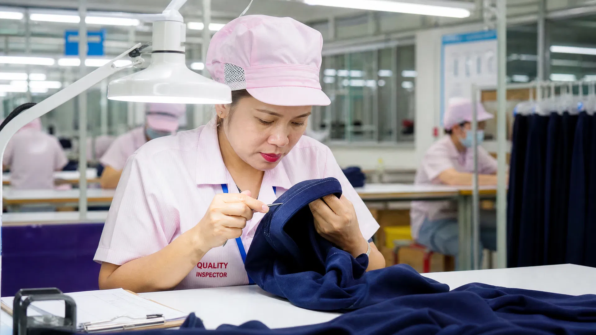 Quality control inspector checking garments on the production line